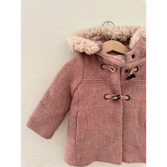 Zara Dusty Pink Lined Coat Jacket Hooded Faux Fur Baby Toddler Girl 12-18m - Picture 2 of 6